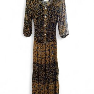 Smocked Button-Front Maxi Dress in Mustard Floral and Black